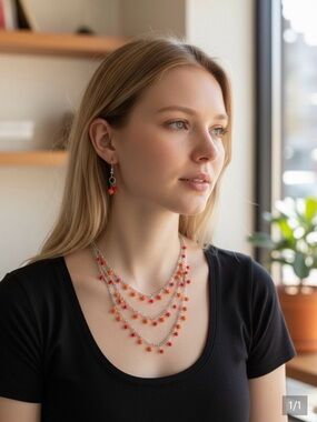 Handmade Orange Bead Multi-Strand Necklace and Earring Set